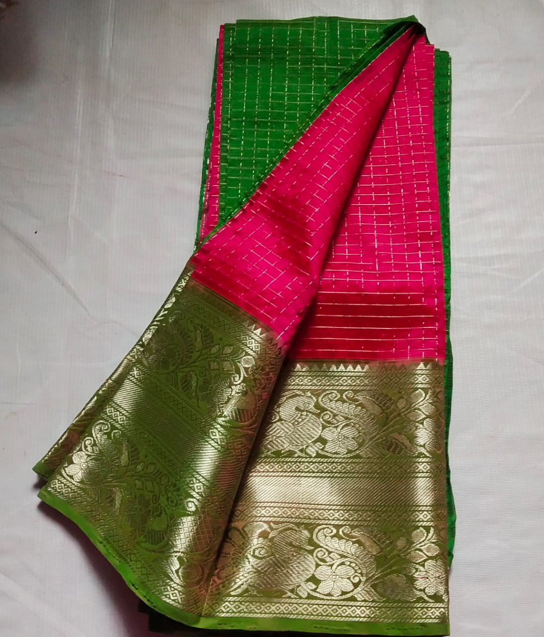 Green and Pink Silk Saree With Golden Zari Border