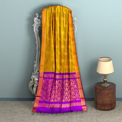 corn Yellow and Purple semi Silk Saree has floral butta woven sarees