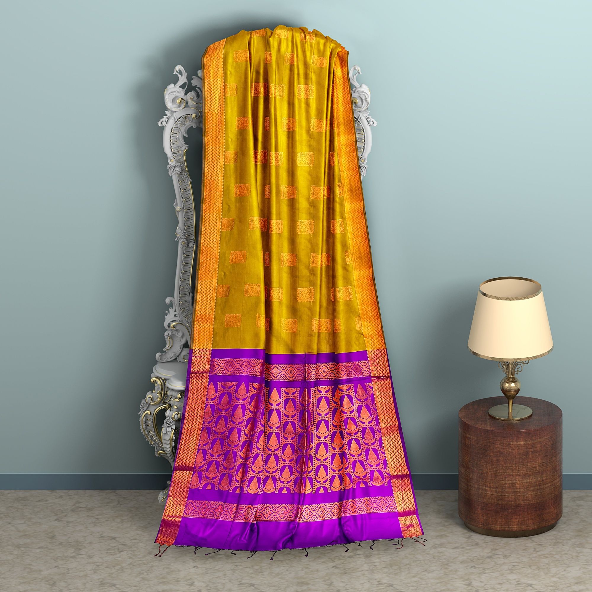 corn Yellow and Purple semi Silk Saree has floral butta woven sarees