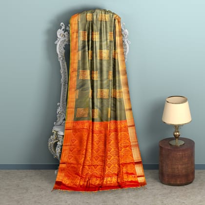 grass  Green and Orange semi Silk Saree With Blouse Piece