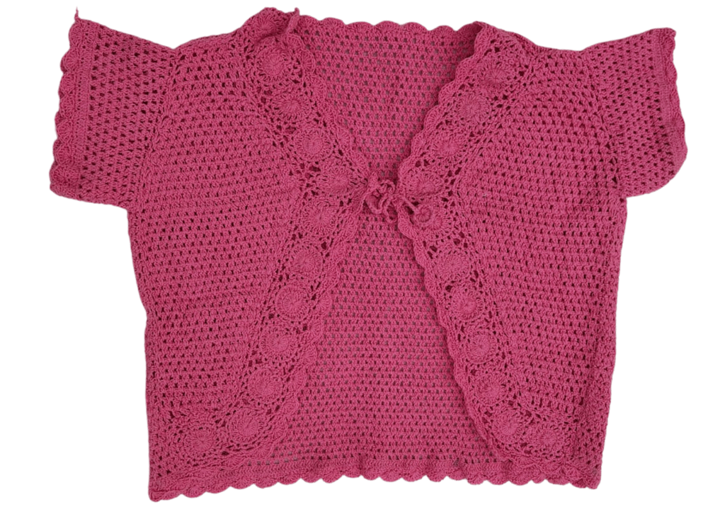 Handmade pink crochet Women Self Design Floral lace Regular Open Front Shrug