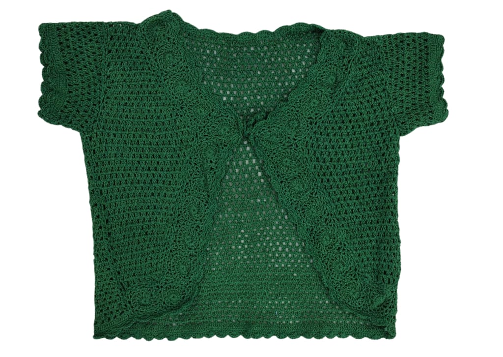 Handmade Green crochet Women Self Design Floral lace Regular Open Front Shrug