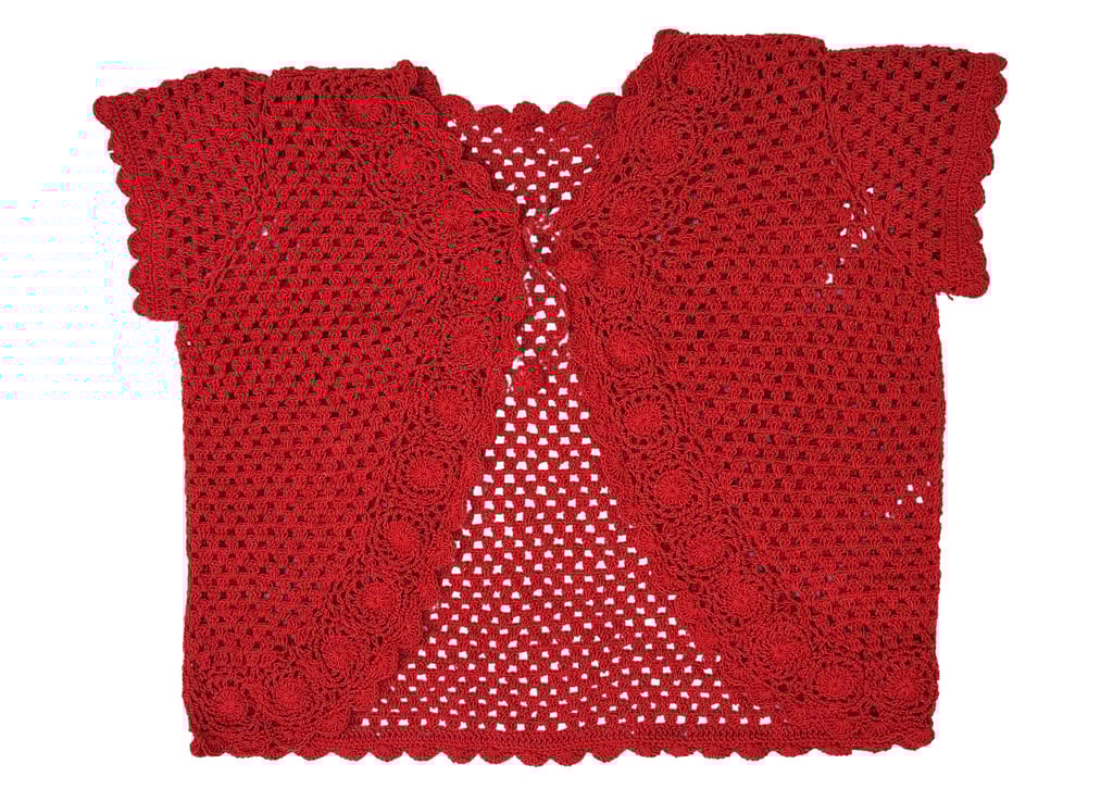 Handmade Red crochet Women Self Design Floral lace Regular Open Front Shrug