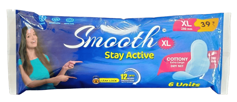Smooth Stay Active XL Cottony  Sanitary Extra Large Dry Net Pads with Wings - 6 Units
