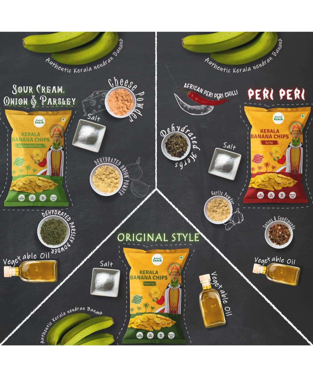 BEYOND SNACK KERELA BANANA CHIPS PERI PERI -ORIGINAL STYLE- SOUR & CREAM-COMBO PACK