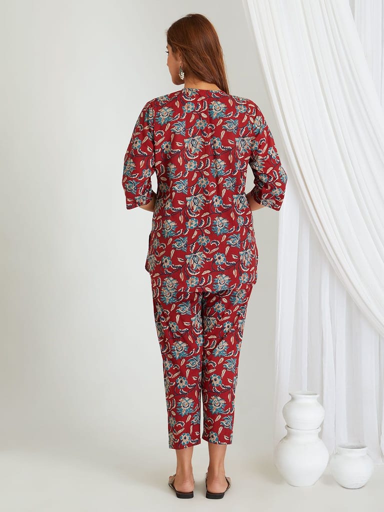 Premium Women BREATHABLES Women Cotton Printed Loungewear Kurta and Pants Co-ord Set 3/4 Sleeve 
