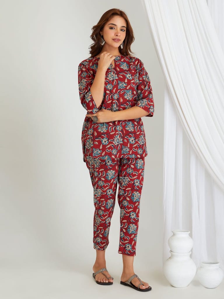 Premium Women BREATHABLES Women Cotton Printed Loungewear Kurta and Pants Co-ord Set 3/4 Sleeve 