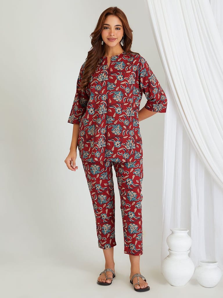 Premium Women BREATHABLES Women Cotton Printed Loungewear Kurta and Pants Co-ord Set 3/4 Sleeve 