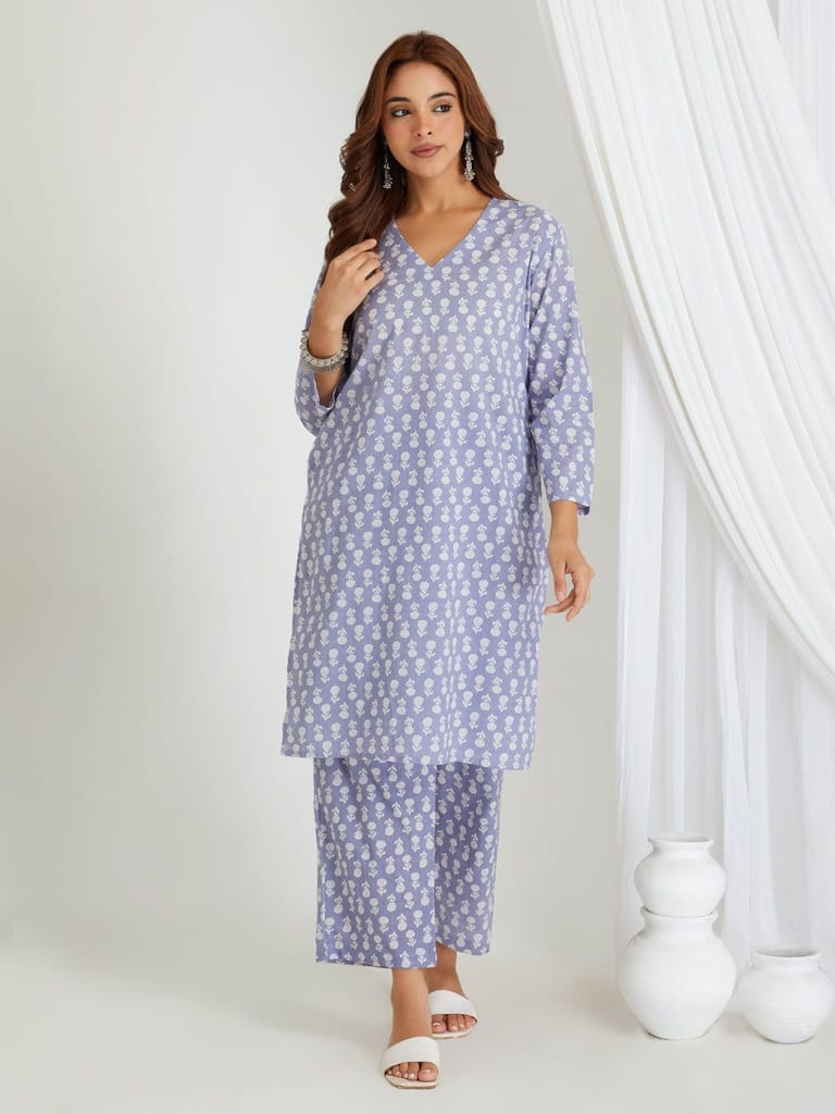Sophisticated Women BREATHABLES Women Cotton Printed Loungewear Kurta and Pants Co-ord Set 3/4 S