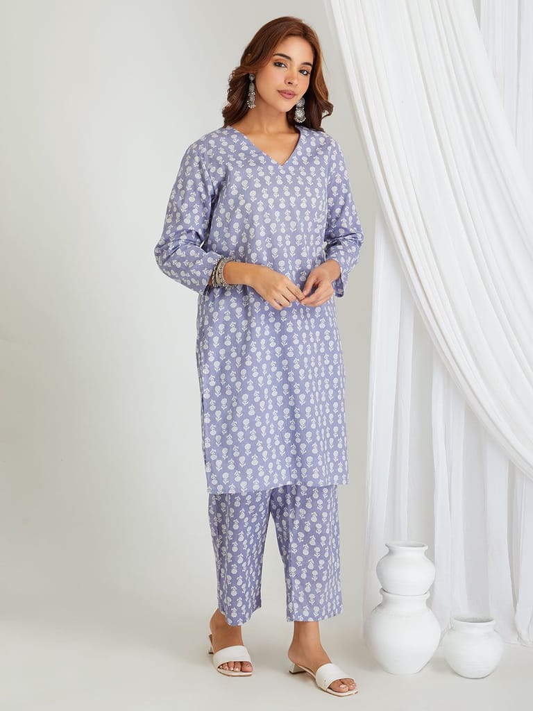Sophisticated Women BREATHABLES Women Cotton Printed Loungewear Kurta and Pants Co-ord Set 3/4 S