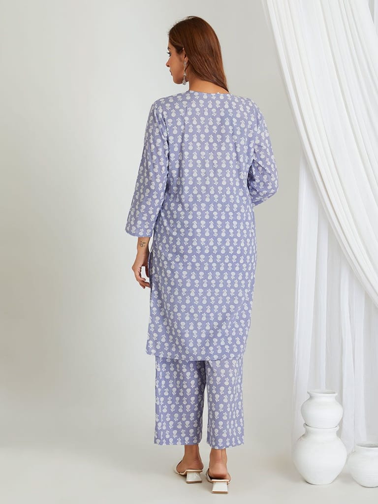 Sophisticated Women BREATHABLES Women Cotton Printed Loungewear Kurta and Pants Co-ord Set 3/4 S