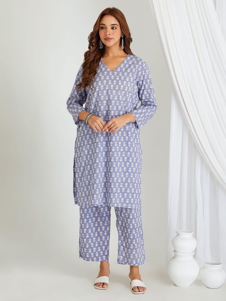 Sophisticated Women BREATHABLES Women Cotton Printed Loungewear Kurta and Pants Co-ord Set 3/4 S