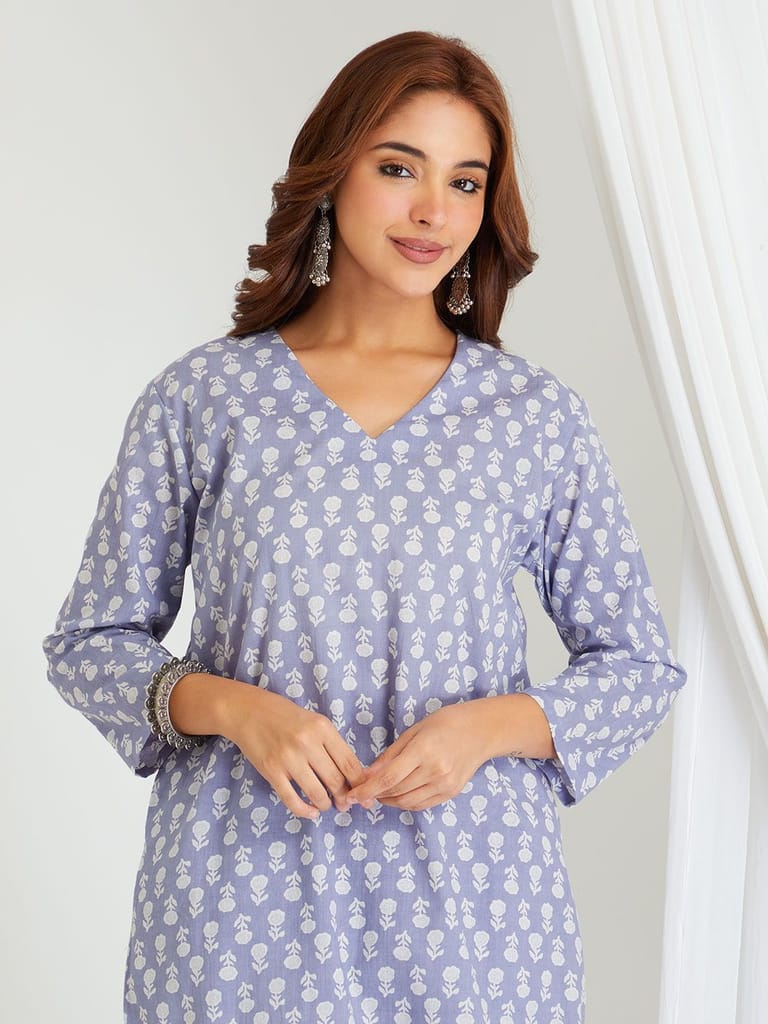 Sophisticated Women BREATHABLES Women Cotton Printed Loungewear Kurta and Pants Co-ord Set 3/4 S