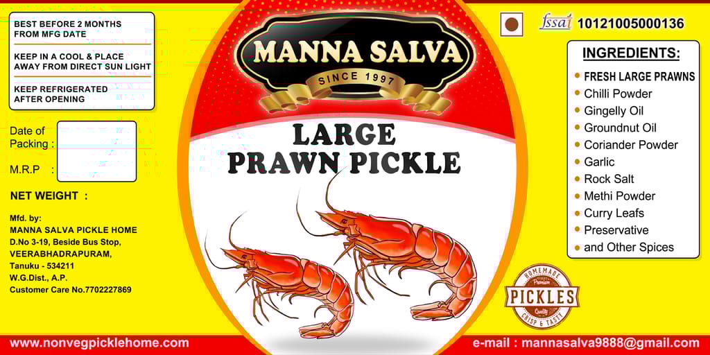 Manna Salva Pickles - Large Prawn Pickle Non - Veg Pickle