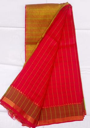  Pink and Green Striped Saree with Golden Border