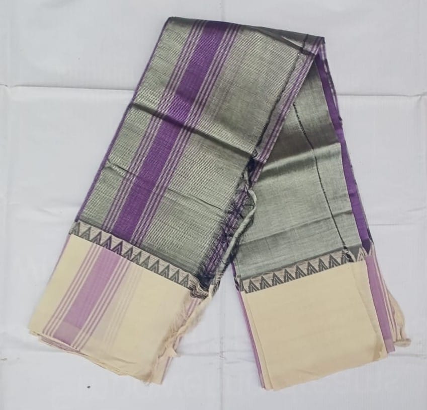  Green and Purple Striped Saree with Blouse Piece
