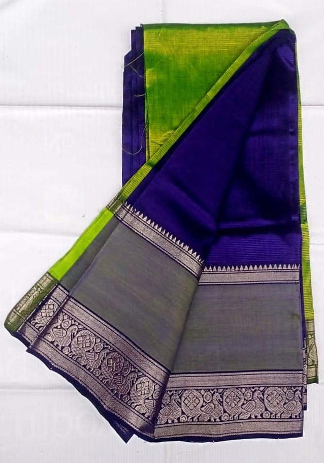  Green And Blue Kanchipuram Silk Saree With Elephant And Peacock Motifs