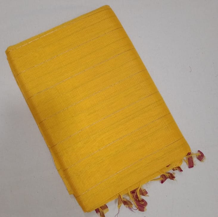 Yellow Linen Saree With Golden Zari Border