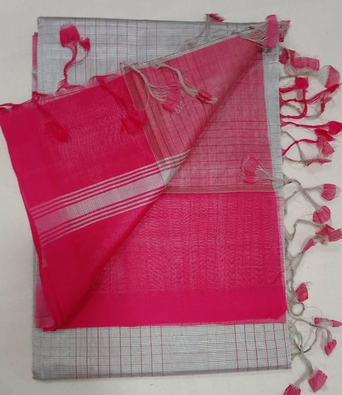 Pink and Silver Tissue Linen Saree With Blouse Piece