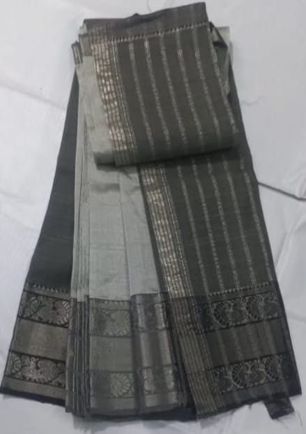  Grey and Silver Striped Saree with Ornate Silver Border