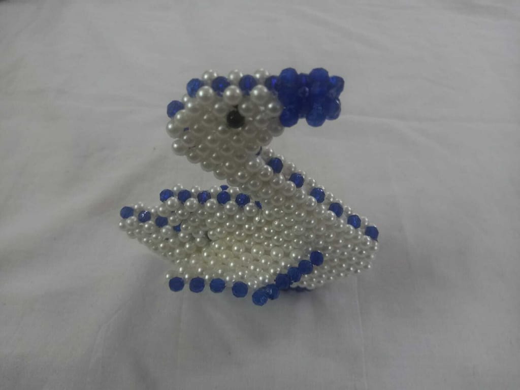  Handmade Beaded Pearl and Blue Crystal Swan Brooch Pin