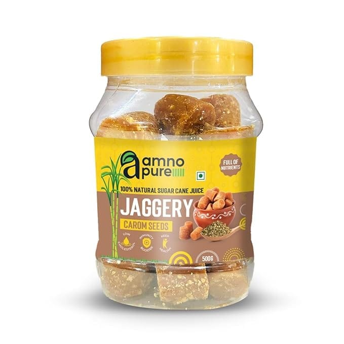 Amno Pure  Natural Sugar Cane Jaggery 10G Cube with Carom Seeds | Cholestrol free, Fat free & 100% Natural - 500G Pet Jar