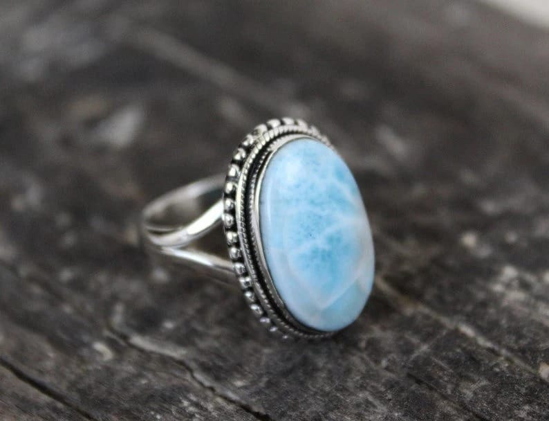 Modern Men Larimar Ring, 925 Sterling Silver Ring, Statement Larimar Gemstone Ring Designer Hand