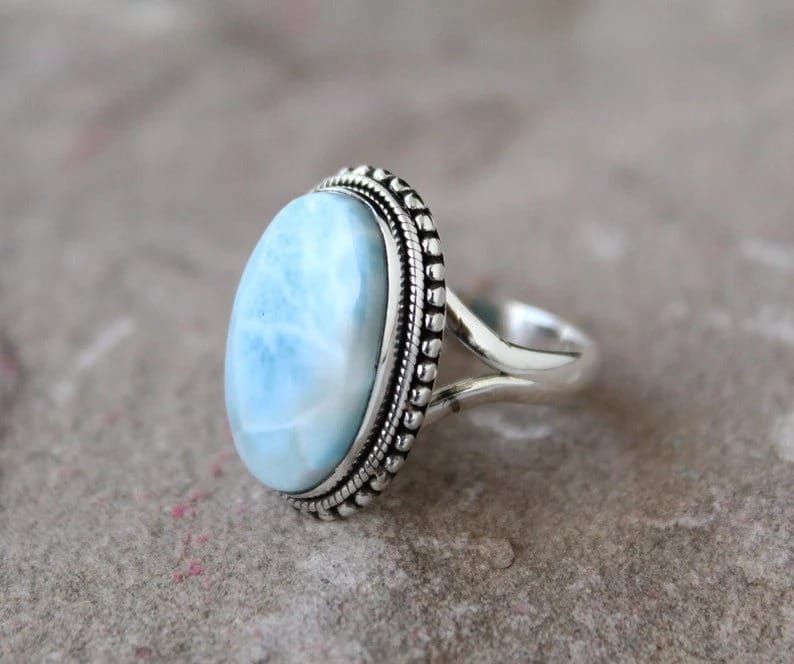 Larimar Ring, 925 Sterling Silver Ring, Statement Larimar Gemstone Ring Designer Handmade Jewelry Gift For Her