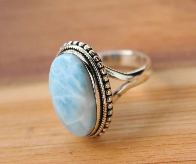 Modern Men Larimar Ring, 925 Sterling Silver Ring, Statement Larimar Gemstone Ring Designer Hand