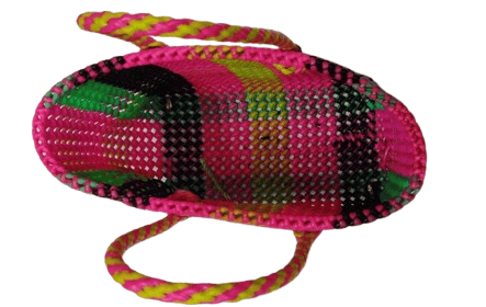 Handwoven Market Tote Bag with Bright Pink, Green, and Black Checkered Pattern