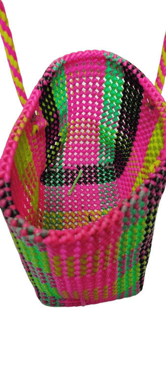 Handwoven Market Tote Bag with Bright Pink, Green, and Black Checkered Pattern