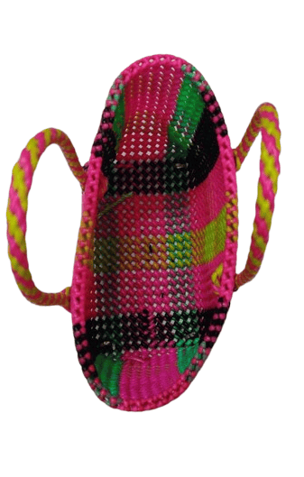 Handwoven Market Tote Bag with Bright Pink, Green, and Black Checkered Pattern
