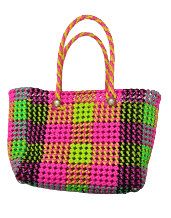Handwoven Market Tote Bag with Bright Pink, Green, and Black Checkered Pattern