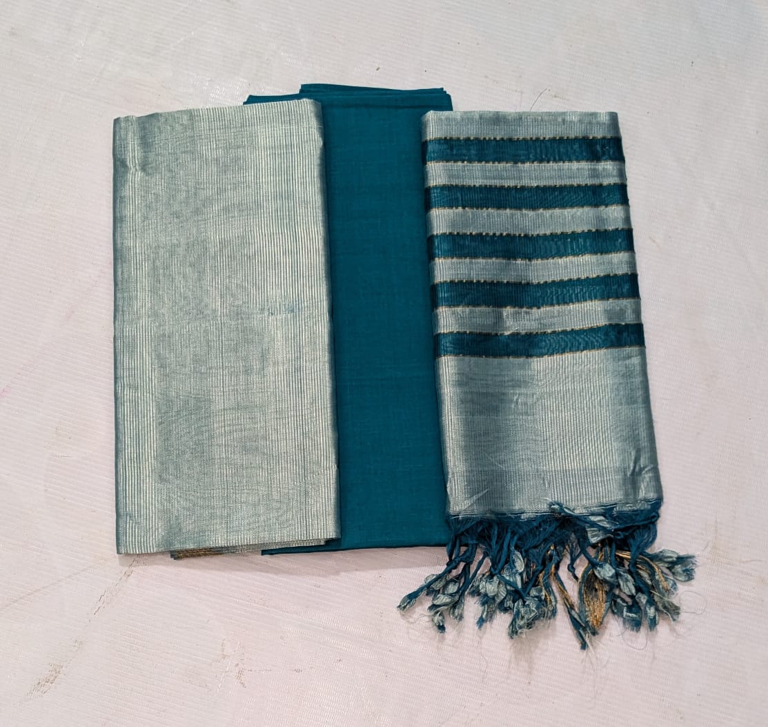 Green and Silver Cotton Silk Blend Saree With Blouse Piece and Silver Tissue Silk Dupatta