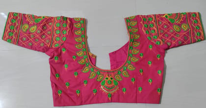 Pink and green embroidered boat neck blouse with elbow sleeves Pink and green embroidered boat neck blouse with elbow sleeves
