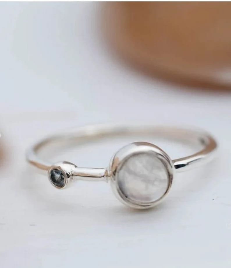 Luxurious Women Moonstone & Blue Topaz Ring, 925 Sterling Silver Ring Tow Stone Minimalist Ring,