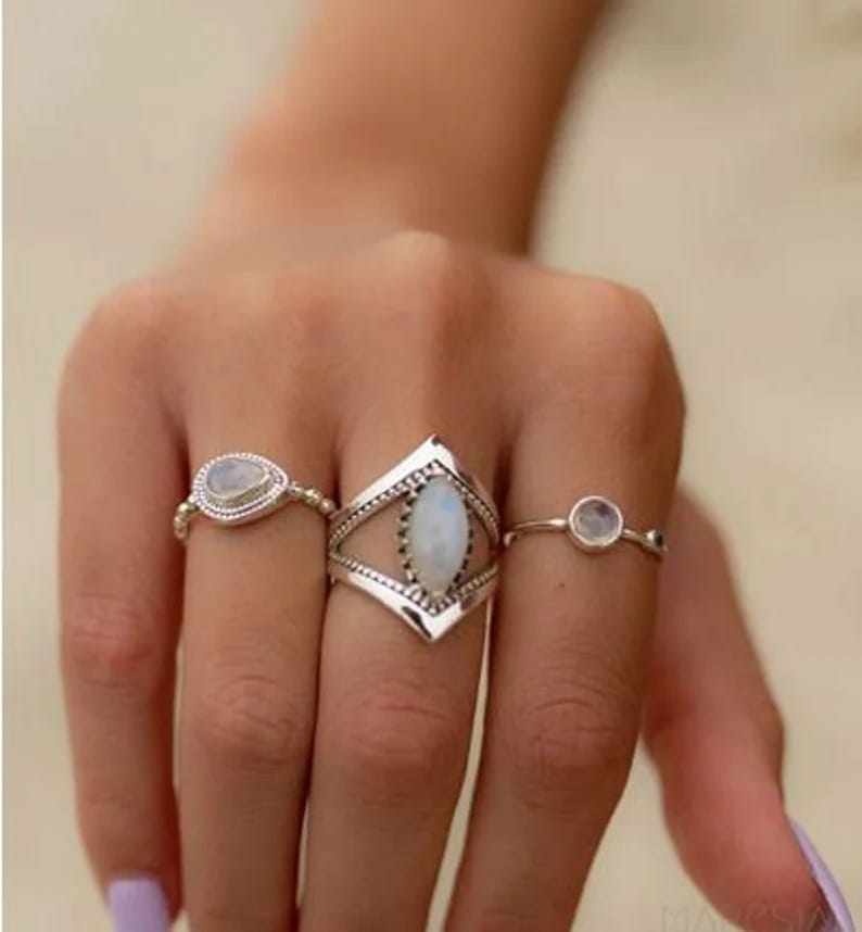 Luxurious Women Moonstone & Blue Topaz Ring, 925 Sterling Silver Ring Tow Stone Minimalist Ring,