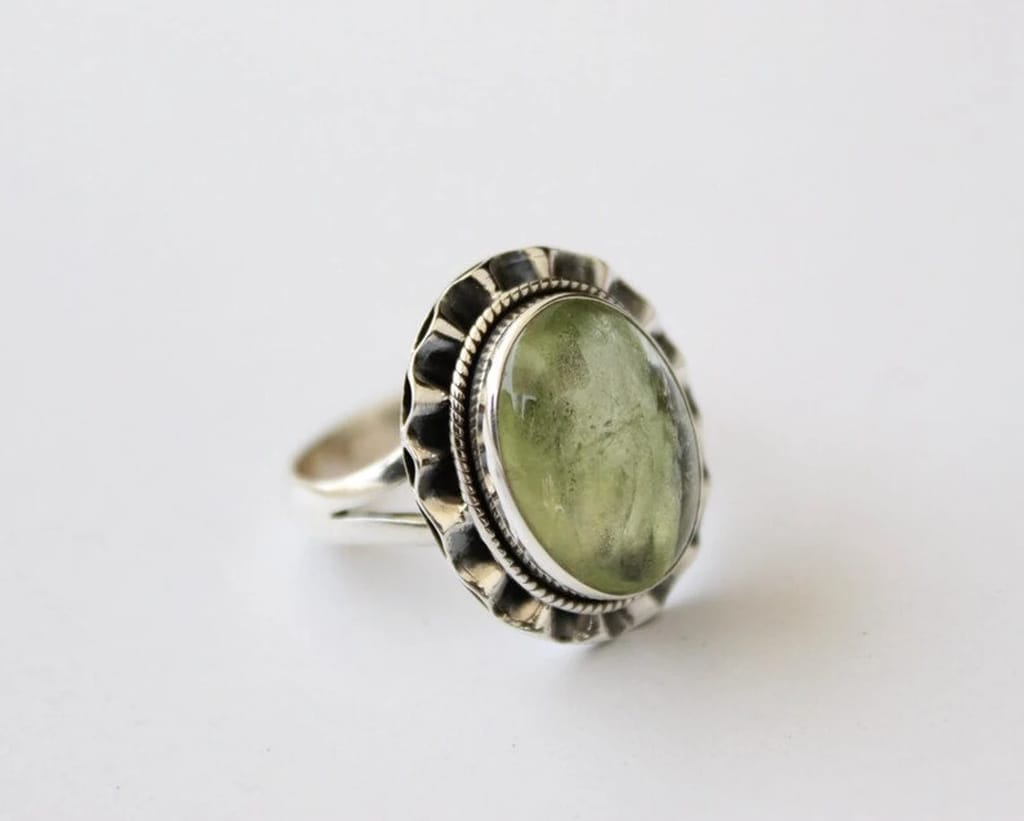 Latest Women Prehnite Ring, 925 Sterling Silver Ring, Bohemian Ring, Oval Prehnite Gemstone Ring