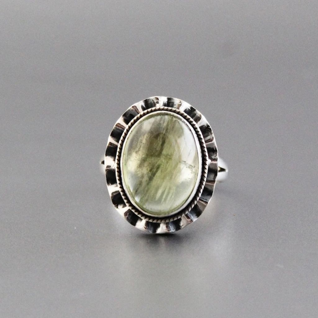 Latest Women Prehnite Ring, 925 Sterling Silver Ring, Bohemian Ring, Oval Prehnite Gemstone Ring