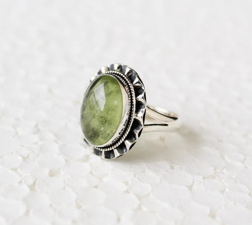 Latest Women Prehnite Ring, 925 Sterling Silver Ring, Bohemian Ring, Oval Prehnite Gemstone Ring