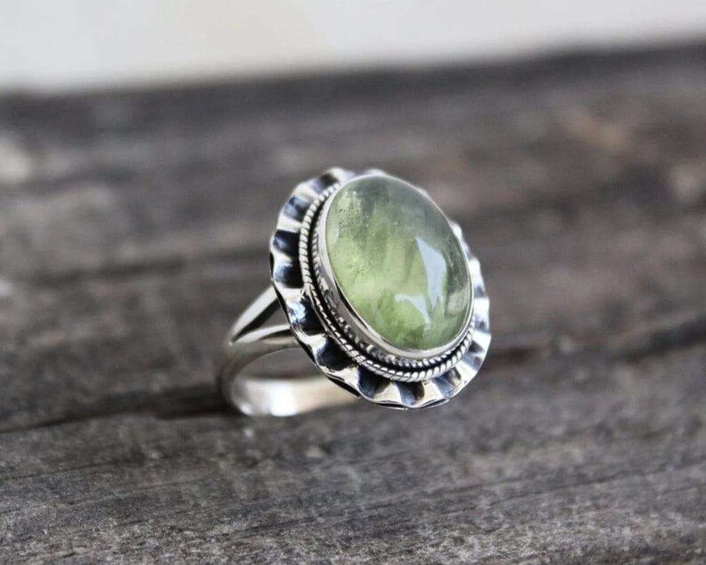 Latest Women Prehnite Ring, 925 Sterling Silver Ring, Bohemian Ring, Oval Prehnite Gemstone Ring