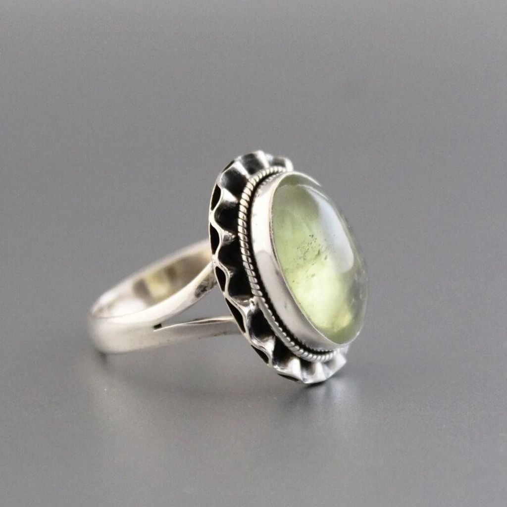 Latest Women Prehnite Ring, 925 Sterling Silver Ring, Bohemian Ring, Oval Prehnite Gemstone Ring