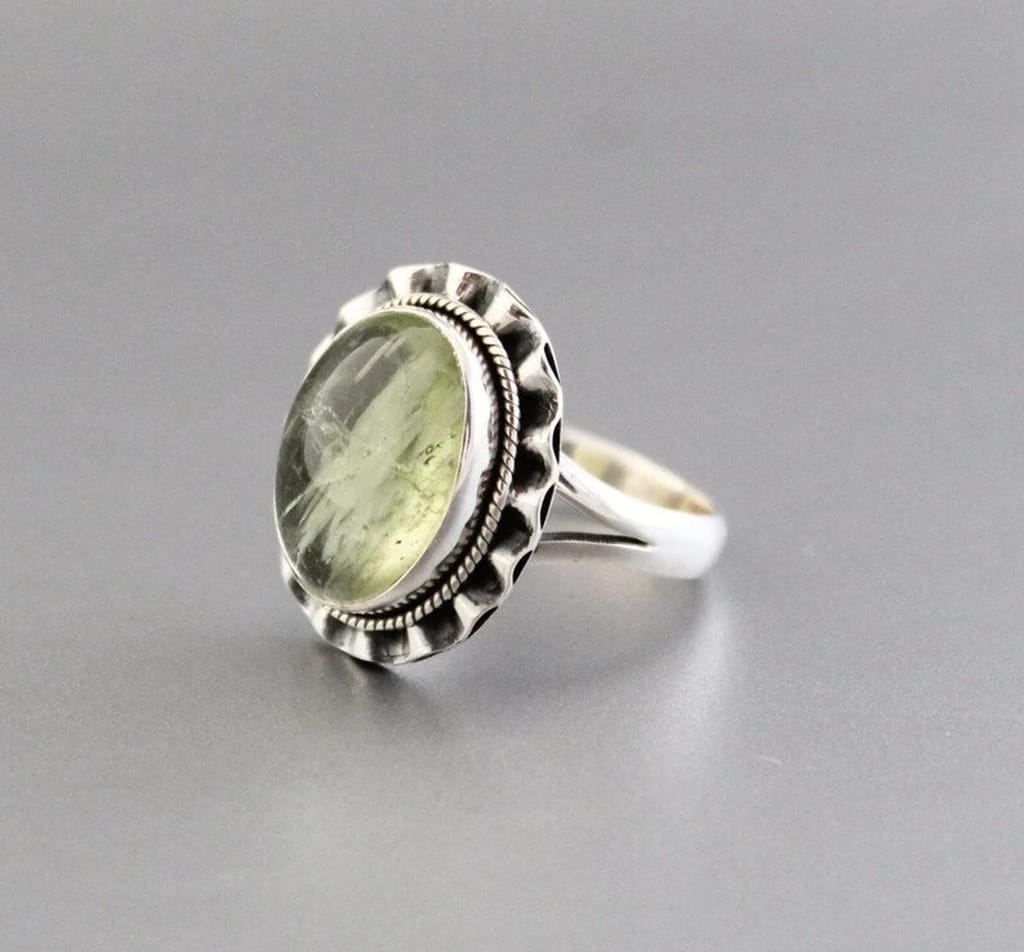 Latest Women Prehnite Ring, 925 Sterling Silver Ring, Bohemian Ring, Oval Prehnite Gemstone Ring