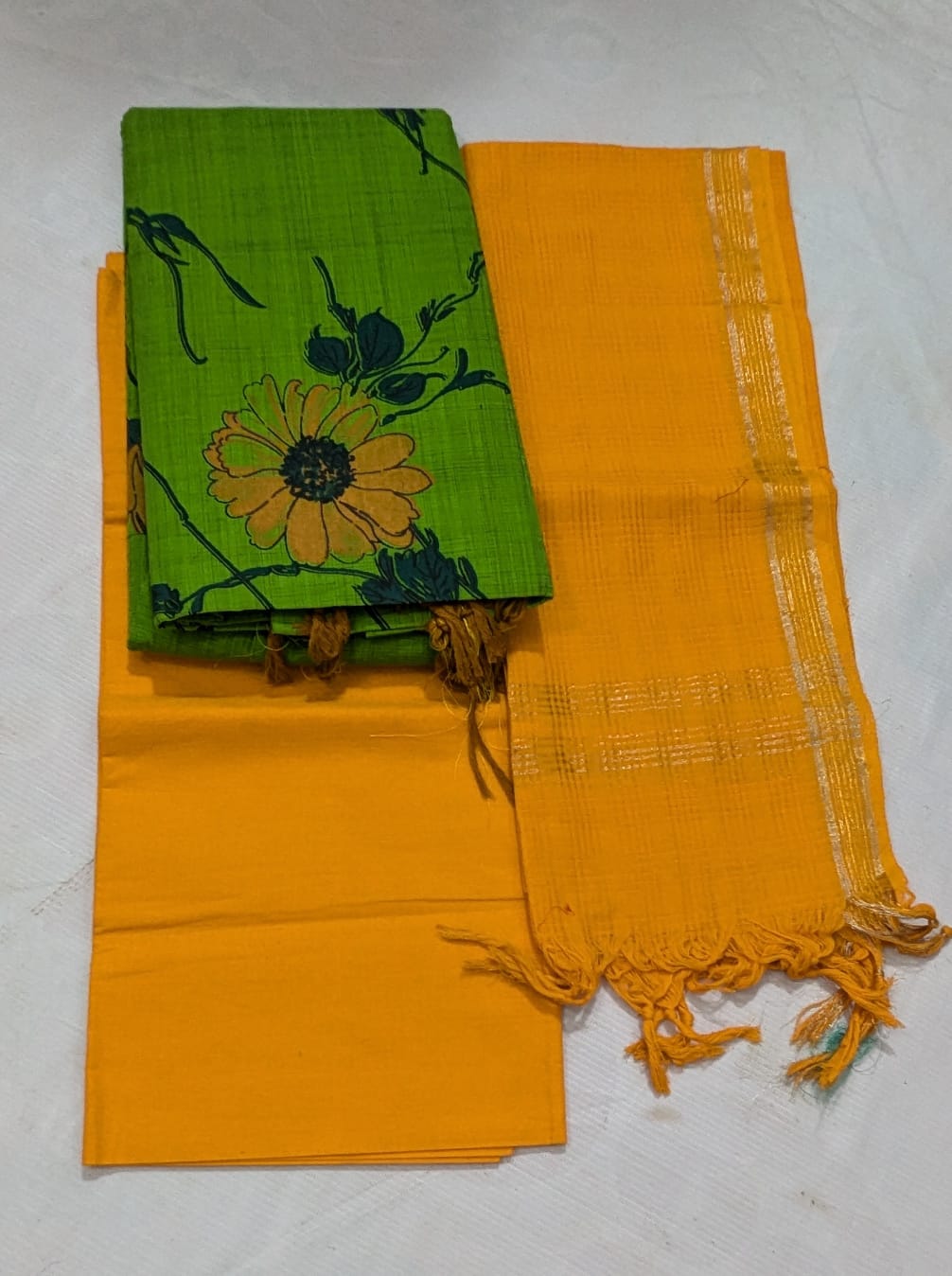 Green and yellow cotton dress material with floral print