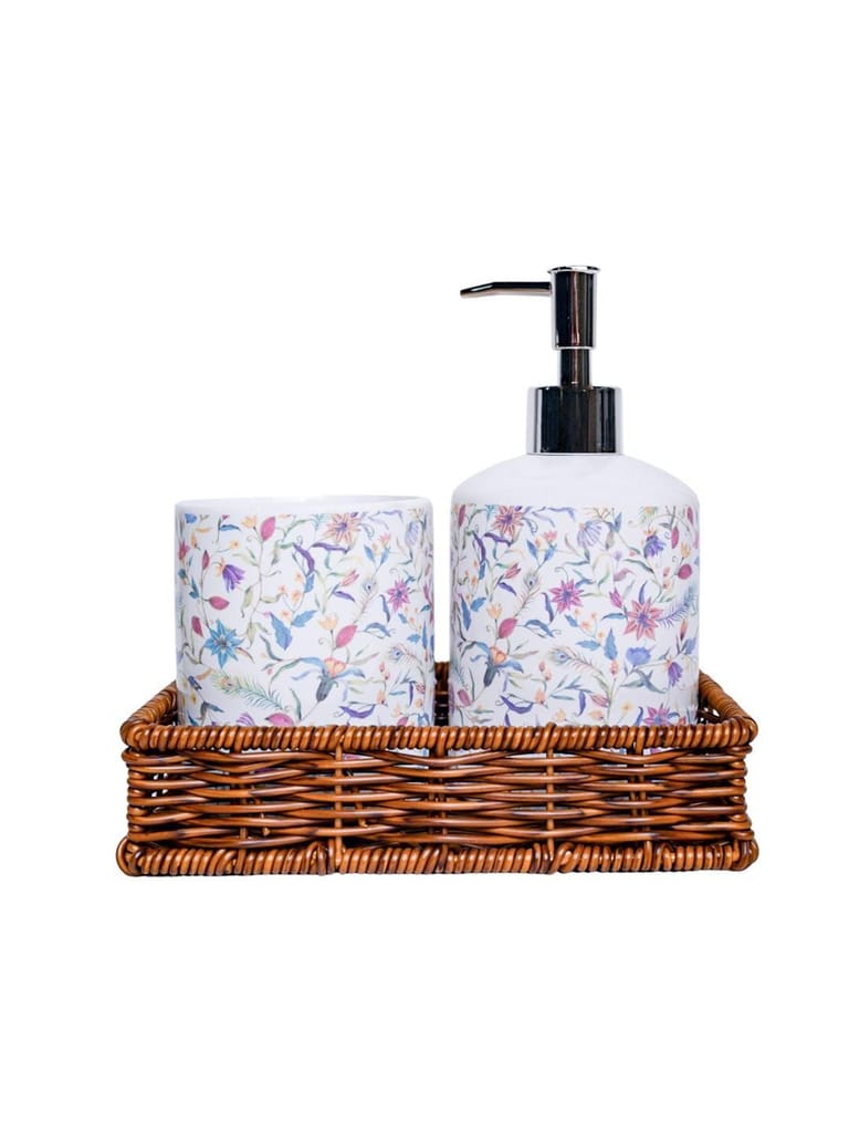 Ceramic Bathroom Set Of 3 - Floral Finish, Ivory Color