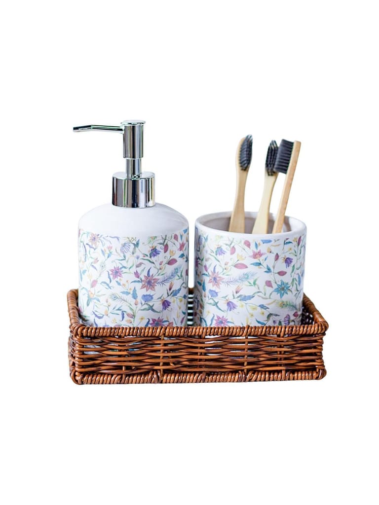 Ceramic Bathroom Set Of 3 - Floral Finish, Ivory Color