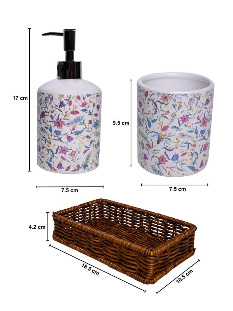 Ceramic Bathroom Set Of 3 - Floral Finish, Ivory Color