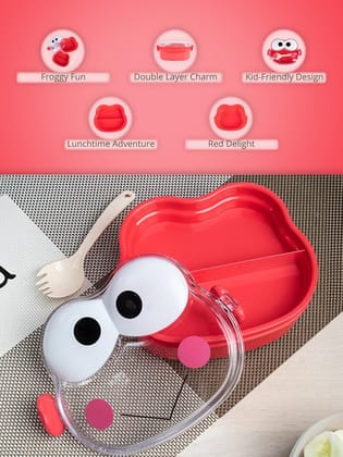 Double Layer Frog Shape Lunch Box for Kids With Spoon, Red, Plastic