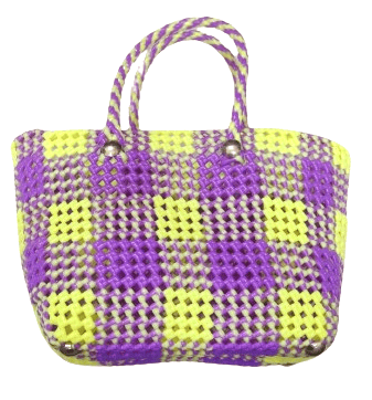 Purple and Yellow Checkered Medium Size Market Bag / Groceru Bag For Multi Purpose Use