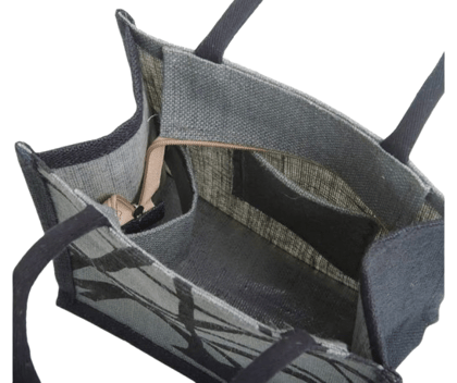  Black and White Jute Tote Bag with Inner Zippered Pocket